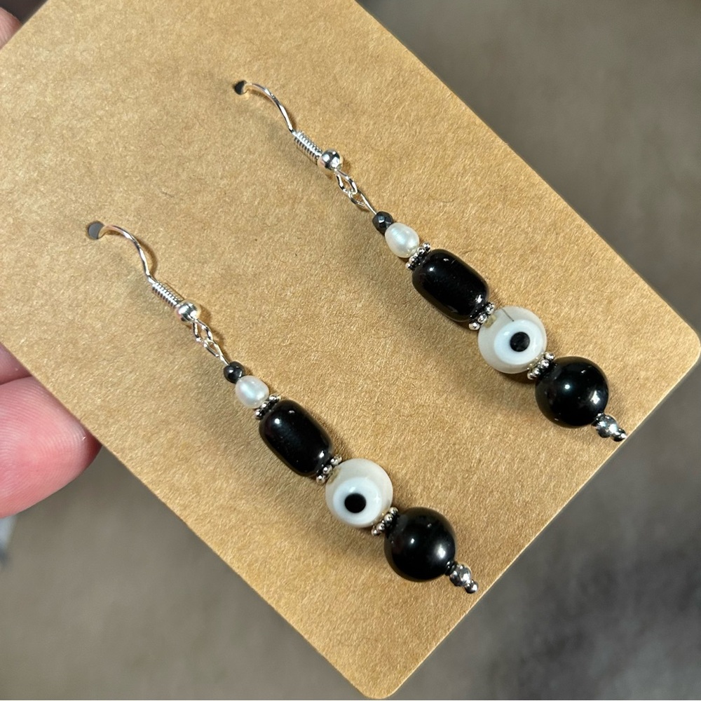 Handcrafted elegant vintage bead cat eye glass faceted hematite earrings
